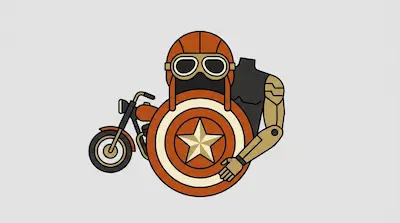 An aviator helmet, a circular shield with a star, a robotic arm, and a motorcycle are arranged in a minimalist graphic.