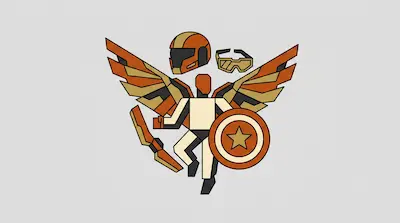 A geometric orange and tan winged figure holding a star-patterned shield, with a helmet and goggles floating nearby.