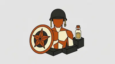 A stylized torso of a soldier wearing a helmet and holding a circular shield with a star, positioned next to a small corked bottle.