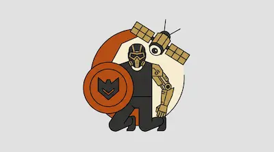 A kneeling character with a mask and a gold robotic arm holds an orange shield, with a satellite floating nearby.