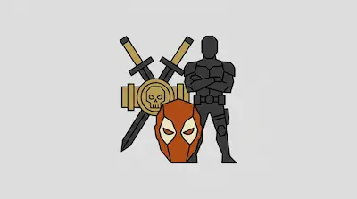 A black silhouette of a person in tactical gear stands next to an orange mask, with two crossed swords and a gold skull emblem in the background.