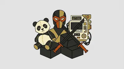 A stylized collection of objects including a panda plush, a masked bust, crossed swords, and a mechanical device with a digital display.