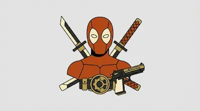 Deadpool shown from the chest up with two katanas crossed behind his back and a handgun in front of his belt.