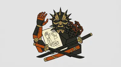 A stylized graphic featuring a spiky gold mask, a robotic arm, a schematic drawing, crossed katanas, and grenades.