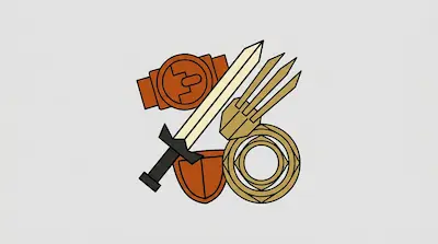 A cluster of stylized fantasy equipment including a sword, shield, gauntlet, and ring.