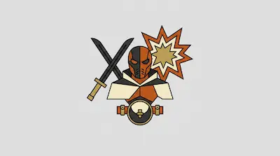 Stylized graphic of a figure with a split orange and black mask, crossed swords, and a starburst shape.