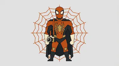A geometric superhero in an orange and black suit with a camera slung over his shoulder, standing in front of a large orange spiderweb.