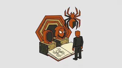 A blocky figure stands before an open book with a spider drawing, a mask on a pedestal, and a large spider emblem.