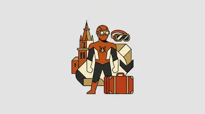 A stylized character in an orange and black spider suit stands with a suitcase, goggles, and a map in front of a tall building.