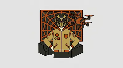 A stylized character in a tactical helmet and tan jacket stands with hands on hips next to a small orange drone.
