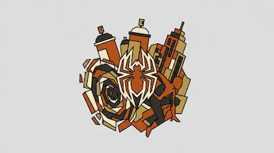 A geometric graphic featuring a spider emblem, spray paint cans, city buildings, and a crouching figure in shades of orange, tan, and black.