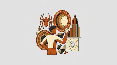 A person stands surrounded by graphic icons including a spider, a skyscraper, a circular gem, and a pane of shattered glass.