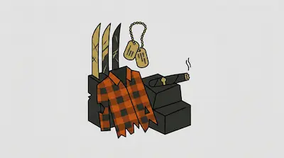 A tattered orange and black plaid shirt is displayed with three long blades, a pair of dog tags, and a lit cigar.