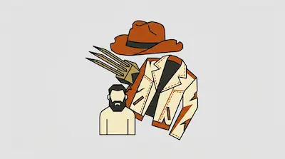A brown cowboy hat, three metallic claws, a tan jacket, and a bearded man icon are shown on a gray background.
