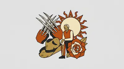 An older man sits before a large sun, surrounded by a worn cowboy hat, a rose, and two hands with long metal claws.