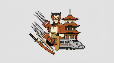 A masked figure with long metal claws stands in front of a Japanese pagoda and a high-speed train, with a katana and scabbard in the foreground.