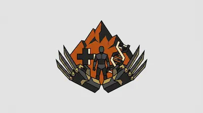 A geometric emblem featuring a human figure, a cross, and a DNA helix against an orange mountain, framed by two clawed hands.