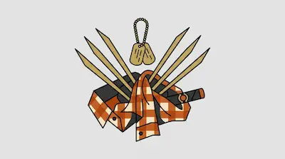 Six long, pointed blades fan out behind an orange and white checkered shirt, a cigar, and a pair of dog tags.