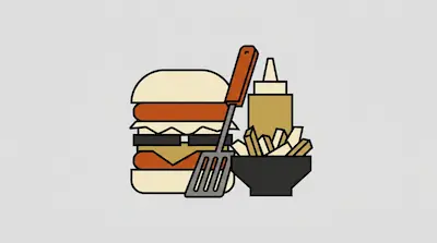 A stylized burger, spatula, condiment bottle, and bowl of french fries.