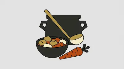 A bowl of stew with carrots and potatoes, a whole carrot, and a ladle resting against a large cooking pot.