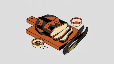 Sliced meat on a wooden cutting board with tongs and small bowls of peppercorns and sauce.