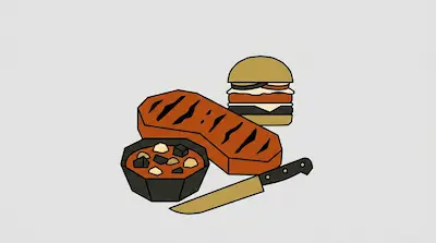 A grilled steak, a hamburger, a bowl of stew, and a kitchen knife.