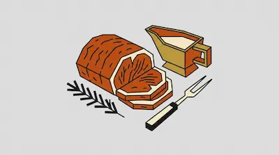 A sliced roast meat dish with a sprig of rosemary, a gravy boat, and a carving fork.
