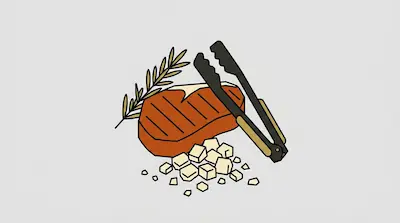 A grilled steak with grill marks, a sprig of rosemary, a pile of salt crystals, and a pair of tongs.