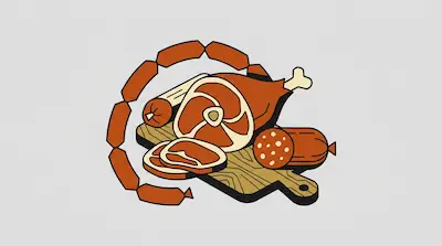Flat illustration of various meats including a ham hock, salami, and linked sausages on a wooden cutting board