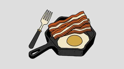 Flat illustration of a fried egg and wavy bacon strips in a black skillet next to a fork on a light gray background