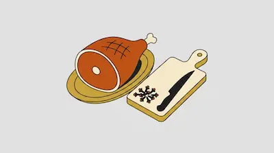 Flat illustration of a glazed ham on a platter next to a wooden cutting board with a knife and cloves