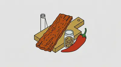 Flat illustration of a strip of jerky on a wooden board with a red chili pepper and a spice jar on a gray background