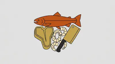A large orange fish, a T-bone steak, several shrimp, and a meat cleaver are arranged in a cluster.