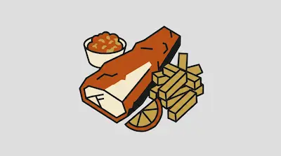 Battered fish, thick-cut fries, a bowl of beans, and a lemon wedge in a bold, minimalist style.