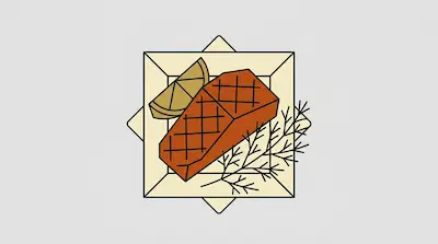 A grilled salmon fillet, a lemon wedge, and a sprig of dill on a square plate.