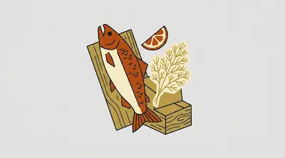 A stylized orange fish, a lemon wedge, and a sprig of dill on wooden planks.