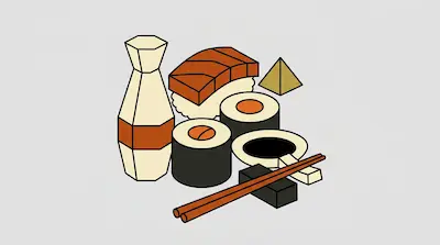 A geometric illustration of a sushi meal featuring nigiri, maki rolls, a sake bottle, and chopsticks.