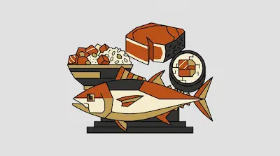 A geometric tuna fish is surrounded by a bowl of rice and fish cubes, a sushi roll, and a fish steak.