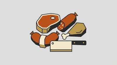 Flat illustration of a meat cleaver, a steak, sausages, and a chicken leg with thick black outlines on a gray background
