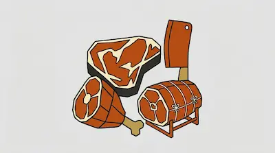 Flat illustration of a large steak, a ham leg, and a tied roast with a meat cleaver on a plain light background