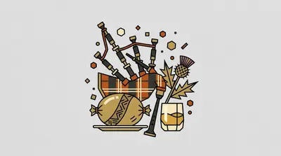 Tartan bagpipes with black pipes, a round haggis tied at both ends on a plate, a glass of whisky, and a purple thistle.