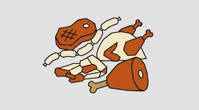 Flat illustration of various meats including a steak, sausages, a whole chicken, and a ham leg on a gray background