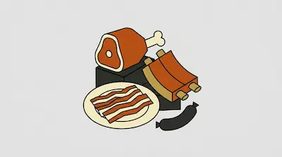 A collection of various meats including ham, ribs, bacon, and a sausage.