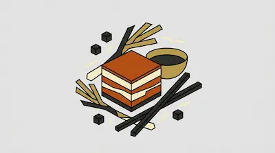 A square layered cake is surrounded by a small bowl, chopsticks, and sprigs in a minimalist, geometric style.