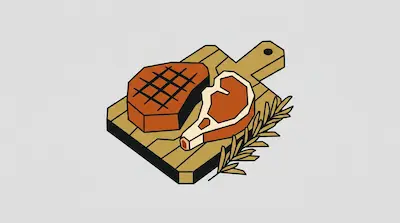 A grilled steak and a bone-in meat cut rest on a wooden cutting board alongside a sprig of rosemary.