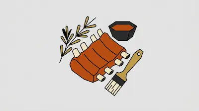 A rack of ribs with a basting brush, a bowl of sauce, and a sprig of herbs.