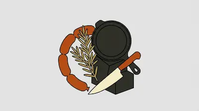 A string of sausages, a sprig of rosemary, a cast-iron skillet, and a chef's knife.