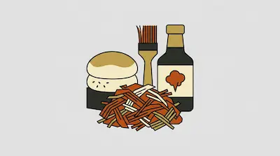 A sandwich bun, a pile of shredded meat, a basting brush, and a bottle of barbecue sauce.