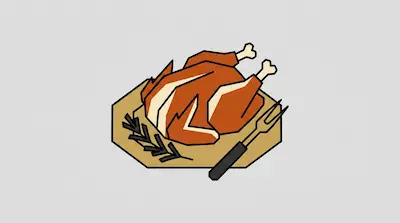 A stylized roasted turkey sits on a platter alongside a carving fork and a sprig of herbs.