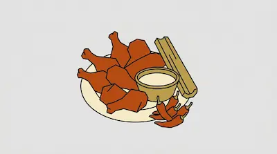 A plate of fried chicken drumsticks served with a bowl of dipping sauce, celery sticks, and red chili peppers.